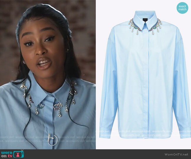 Pinko Shirt with Neck Beads worn by Jojo (Precious Way) on Queens