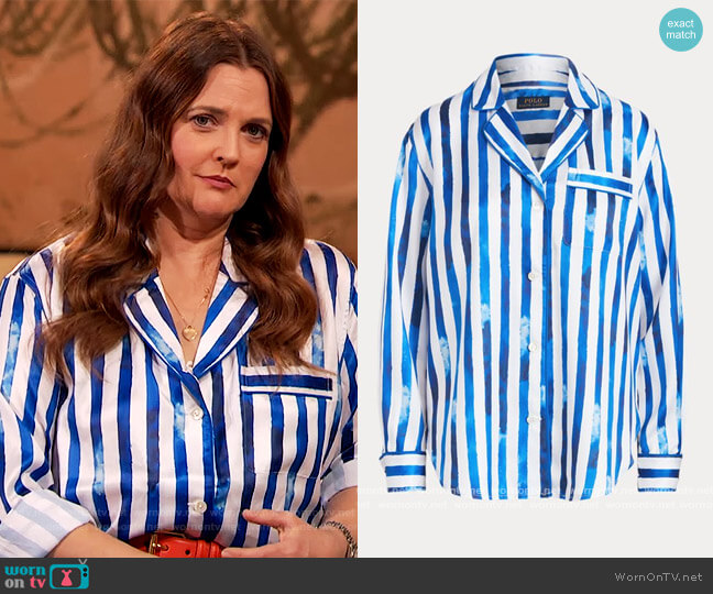 Ralph Lauren Striped Satin Pajama Shirt worn by Drew Barrymore on The Drew Barrymore Show
