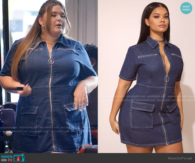 Pretty Little Thing Zip Detail Denim Dress worn by Felicia O'Brien (Lily Mae Harrington) on Single Drunk Female