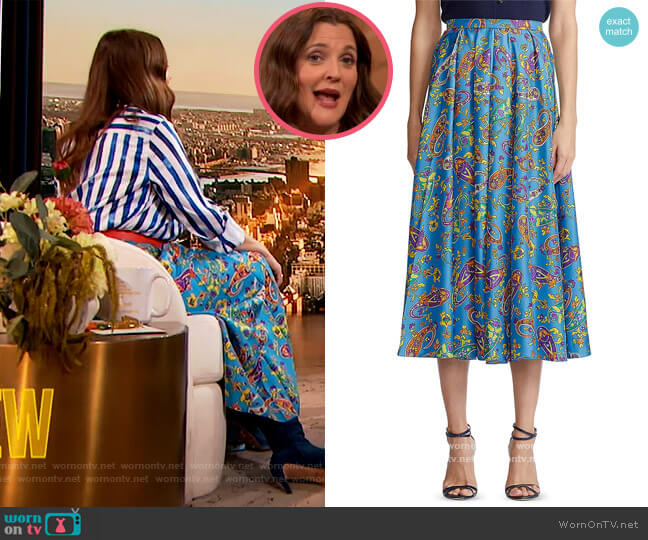 Ralph Lauren Beasley Paisley Midi-Skirt worn by Drew Barrymore on The Drew Barrymore Show