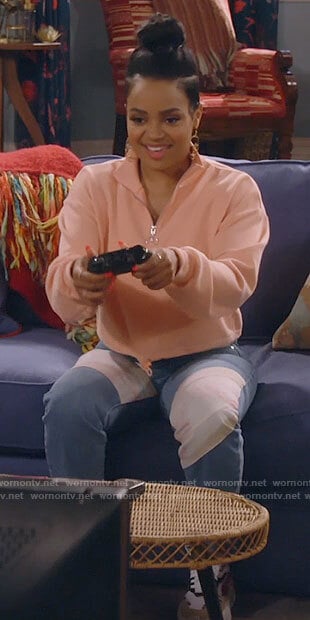 Randi’s coral quarter zip sweatshirt and patchwork jeans on Call Me Kat