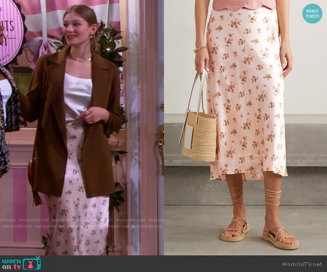 Reformation Pratt Floral-Print Silk-Satin Midi Skirt worn by Alice Caroline Horton (Lindsay Arnold) on Days of our Lives