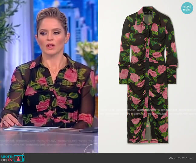 Richard Quinn Ruched floral-print stretch-mesh shirt dress worn by Sara Haines on The View