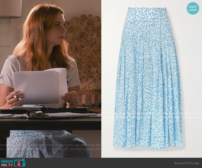 Rixo Claire printed cotton and silk-blend midi skirt worn by Maddie Townsend (JoAnna Garcia Swisher) on Sweet Magnolias
