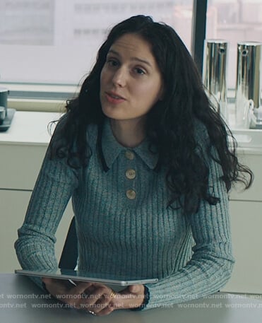 Rian’s blue rib knit sweater on Billions