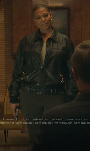 Robyn’s leather jacket with horsebit details on The Equalizer