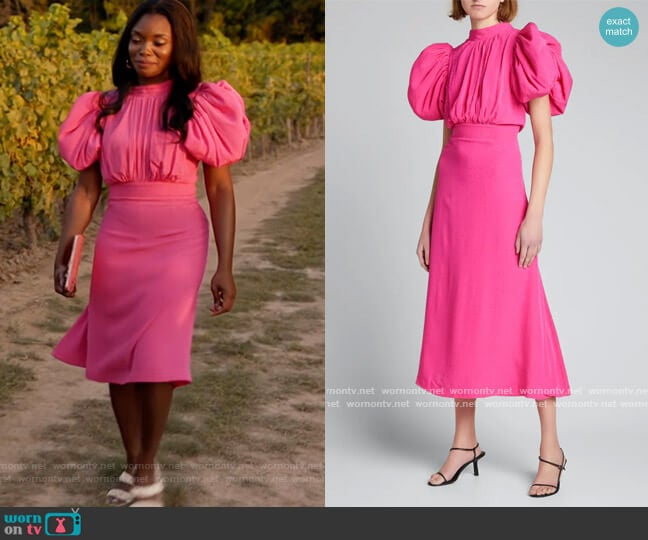 Rotate Birger Christensen Dawn High-Neck Puff-Sleeve Midi Dress worn by August King (Ebonee Noel) on The Kings of Napa