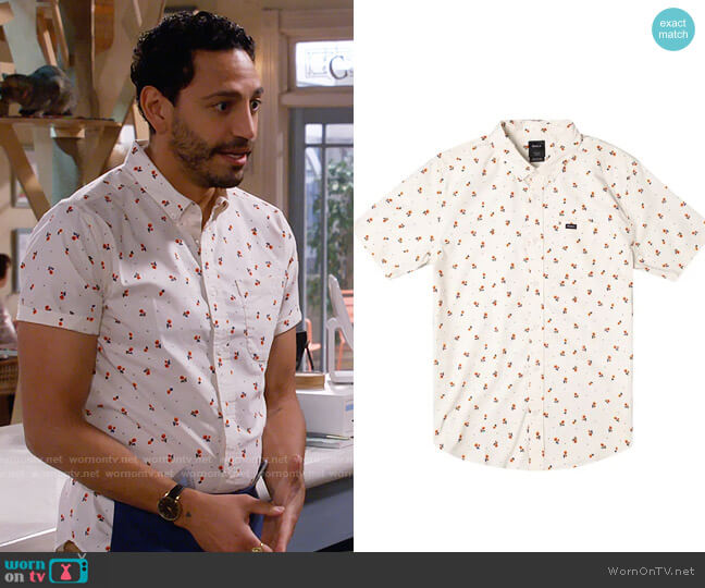 RVCA That'll Do Short Sleeve Button-Down Shirt in Antique Ivory worn by Oscar (Christopher Rivas) on Call Me Kat