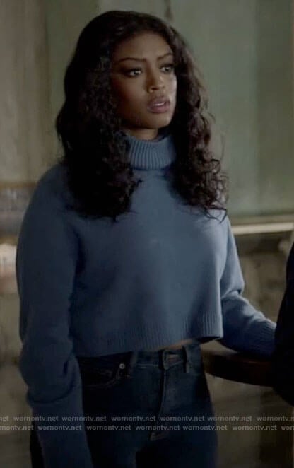 Ryan’s blue cropped turtleneck sweater on Batwoman