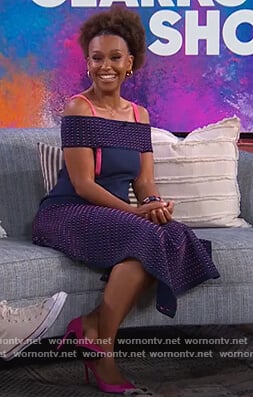 Ryan Michelle Bathe’s navy asymmetric dress on The Kelly Clarkson Show
