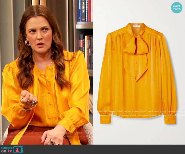 Saint Laurent Pussy-bow silk-jacquard blouse worn by Drew Barrymore on The Drew Barrymore Show