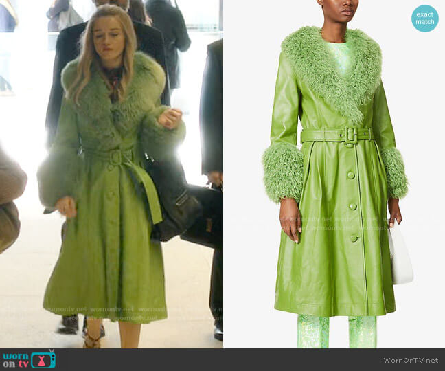Saks Potts Shearling-trimmed leather coat in Forest worn by Anna Delvey (Julia Garner) on Inventing Anna