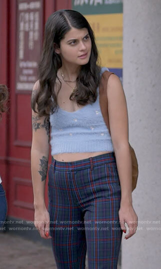 Sam’s fluffy blue embroidered tank top and plaid pants on Single Drunk Female