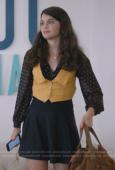 Sam’s polka dot blouse and yellow waistcoat on Single Drunk Female