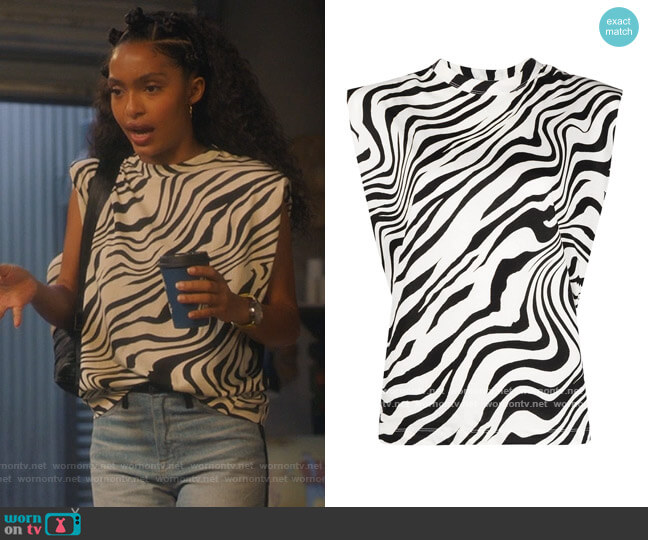 Sandro Zebra Print Sleeveless Blouse worn by Zoey Johnson (Yara Shahidi) on Grown-ish
