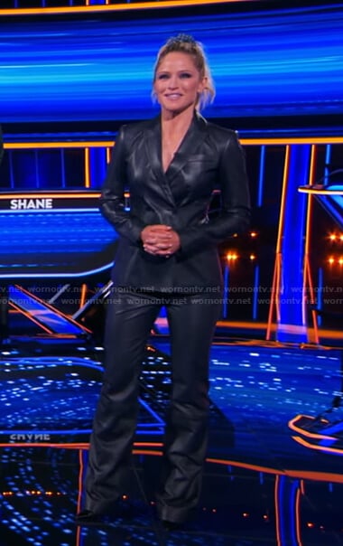 Sara’s black leather blazer and pants on The Chase