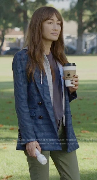 Sarah’s blue plaid blazer on Pivoting
