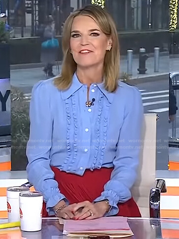Savannah’s blue ruffle front blouse on Today