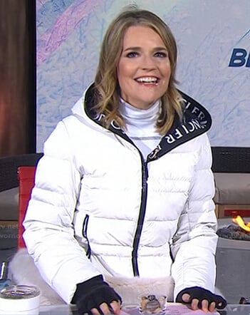 Savannah’s white turtleneck sweater and puffer jacket on Today