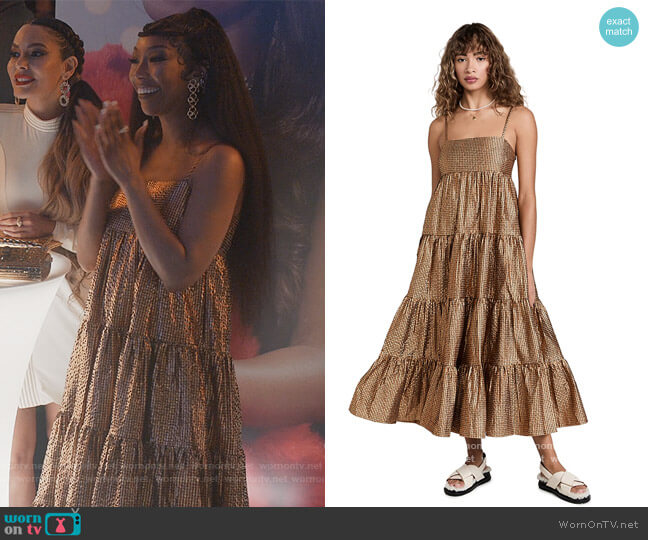 Scotch & Soda Metallic Seersucker Pinafore Maxi Dress worn by Naomi (Brandy Norwood) on Queens