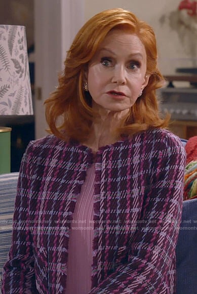 Sheila’s pink pleated top and purple plaid tweed jacket on Call Me Kat