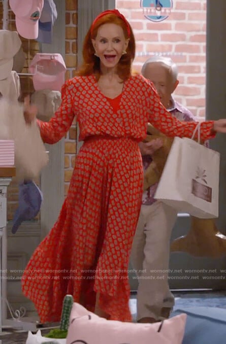 Sheila’s red printed midi dress on Call Me Kat