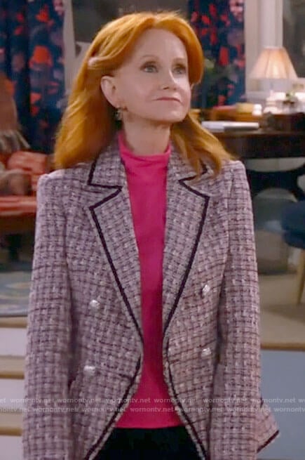 Sheila’s tweed blazer with silver buttons on Call Me Kat