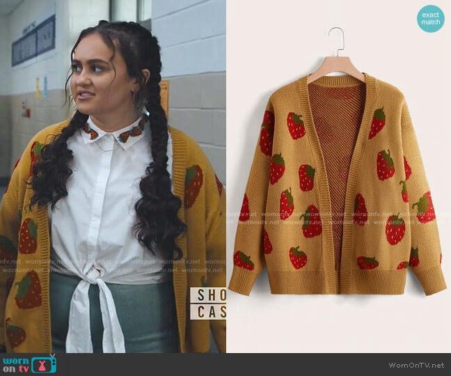 Shein Plus Strawberry Pattern Drop Shoulder Cardigan worn by Annabelle (Mary-Charles Jones) on Naomi