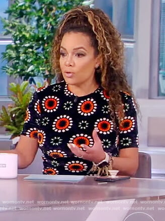 Sunny’s black floral print sheath dress on The View