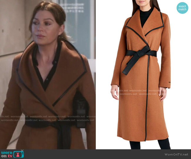 Tahari Faux-Leather-Trim Belted Wrap Coat worn by Meredith Grey (Ellen Pompeo) on Greys Anatomy