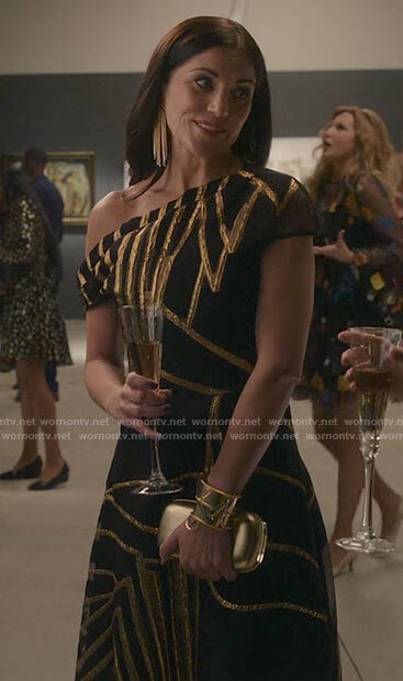 Talia’s black and gold art gallery dress on Inventing Anna