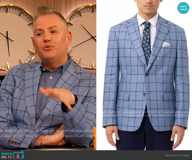 Tallia Slim-Fit Blue & Navy Windowpane Linen Sport Coat worn by Ross Mathews on The Drew Barrymore Show