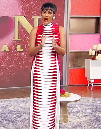 Tamron’s contrasting sleeveless fringe trim dress on Tamron Hall Show
