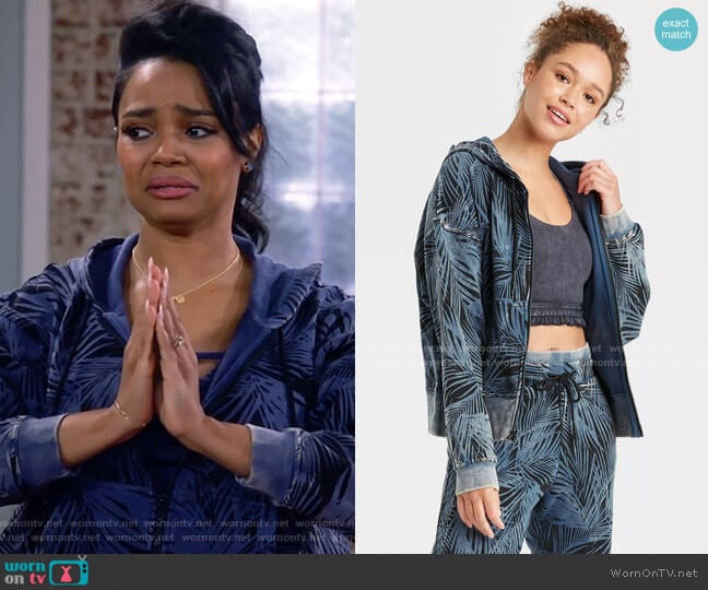 Joylab Full Zip French Terry Acid Wash Hoodie in Blue/Leaf worn by Randi (Kyla Pratt) on Call Me Kat