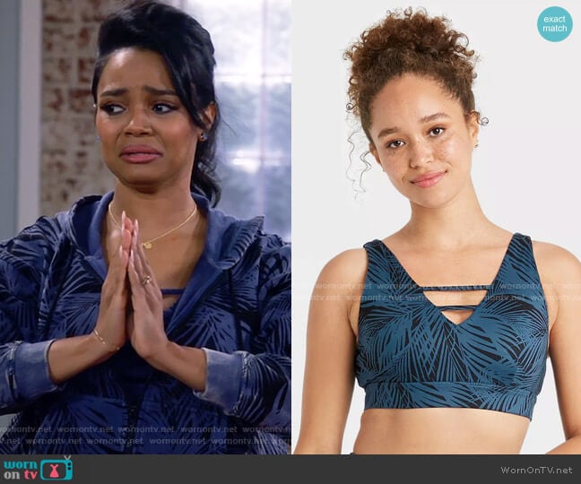 Joylab Printed Racerback Bra in Antique Blue worn by Randi (Kyla Pratt) on Call Me Kat