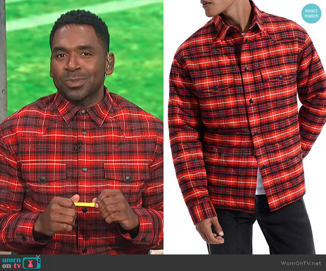 The Kooples Slim Fit Double Face Quilted Plaid Shirt Jacket worn by Justin Sylvester on E! News