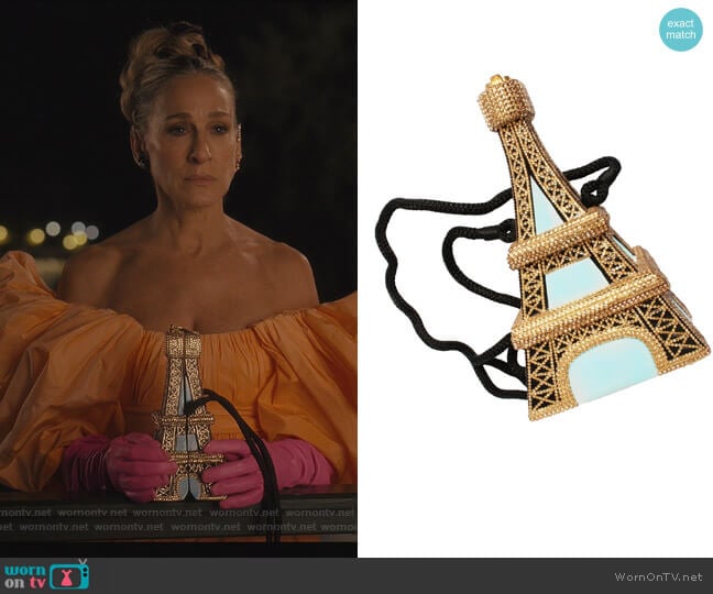 Timmy Woods Eiffel Tower Bag worn by Carrie Bradshaw (Sarah Jessica Parker) on And Just Like That