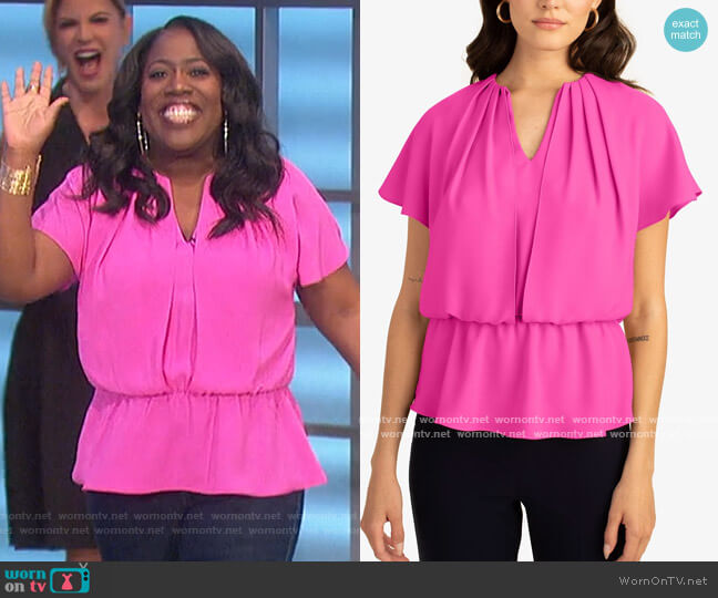 Trina Turk Heron Bloused-Waist Pleated-Neck Top worn by Sheryl Underwood on The Talk
