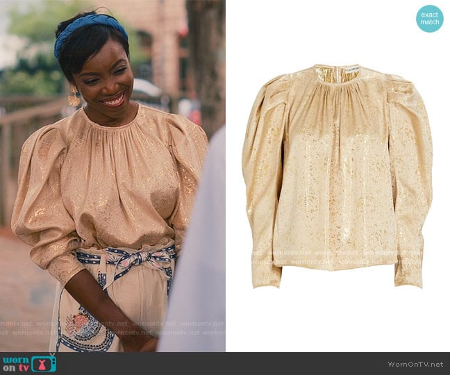 Ulla Johnson Ivy Gilded Balloon Sleeve Blouse worn by Helen Decatur (Heather Headley) on Sweet Magnolias