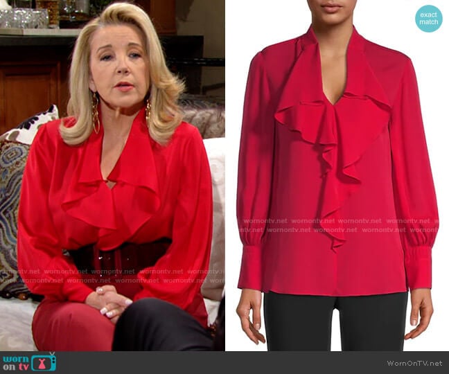 Ungaro Eliane Silk Ruffle Blouse in Ruby worn by Nikki Reed Newman (Melody Thomas-Scott) on The Young and the Restless