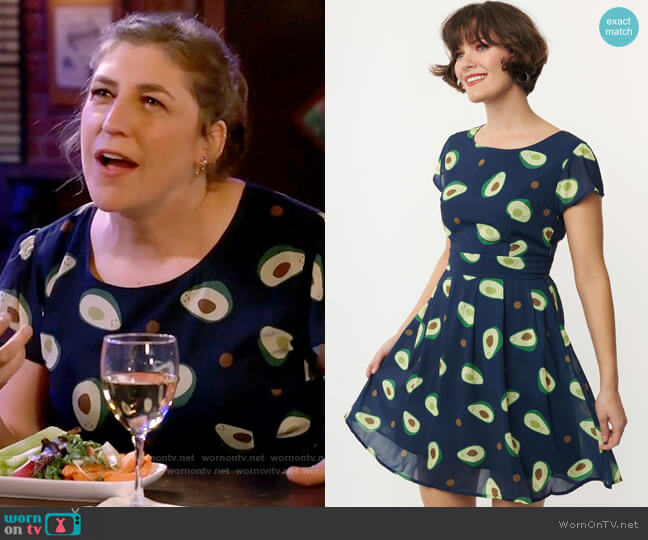 Navy Happy Avocado Print Fit & Flare Dress from Unique Vintage worn by Kat Silver (Mayim Bialik) on Call Me Kat
