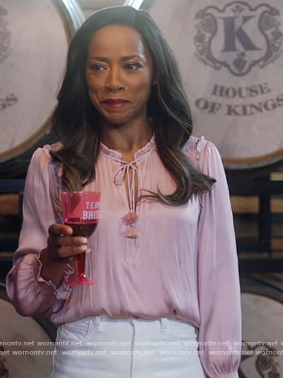 Vanessa’s pink satin tie neck blouse on The Kings of Napa