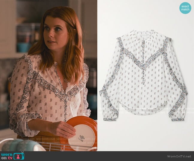 Veronica Beard Abra ruffled floral-print cotton-voile blouse worn by Maddie Townsend (JoAnna Garcia Swisher) on Sweet Magnolias
