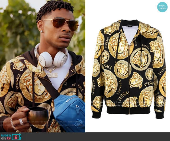 Versace Medusa head printed hoodie worn by Christian King (Ashlee Brian) on The Kings of Napa