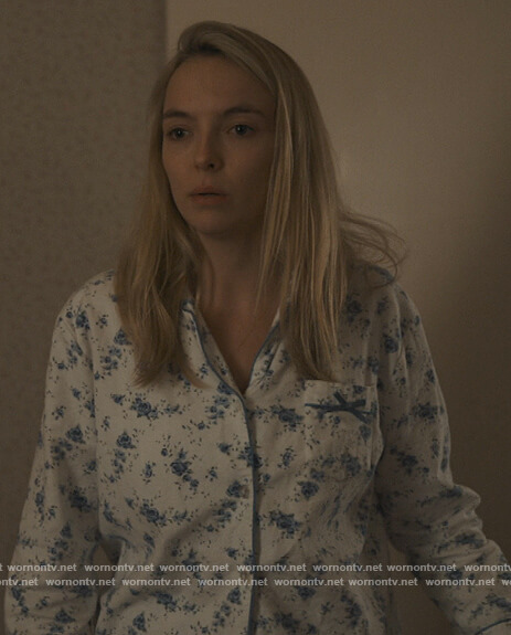 Villanelle white floral pajamas on Killing Eve