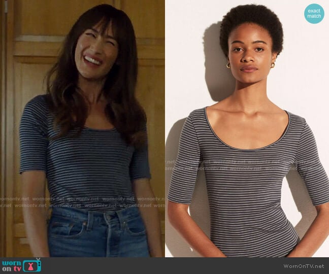 Vince Micro Stripe Elbow Sleeve Scoop Neck Top worn by Sarah (Maggie Q) on Pivoting