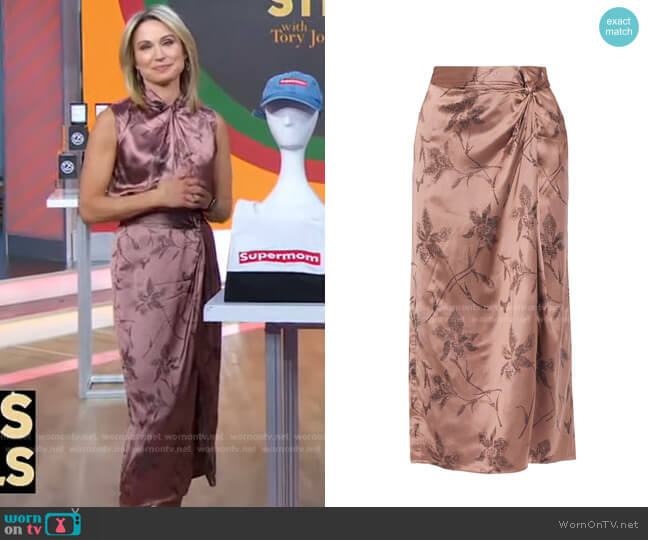 Vince Twist-Front Satin-Jacquard Midi Skirt worn by Amy Robach on Good Morning America