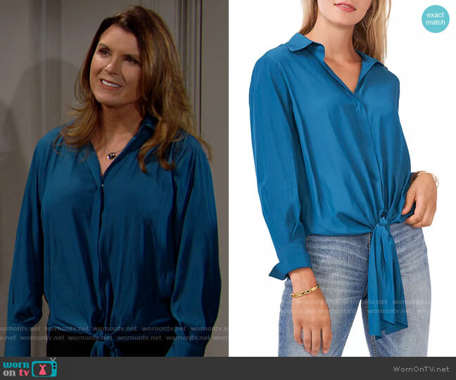 Vince Camuto Tie Front Blouse in Blueberry worn by Sheila Carter (Kimberlin Brown) on The Bold and the Beautiful