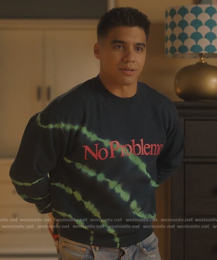Vivek’s black Noproblemo tie dye sweatshirt on Grown-ish