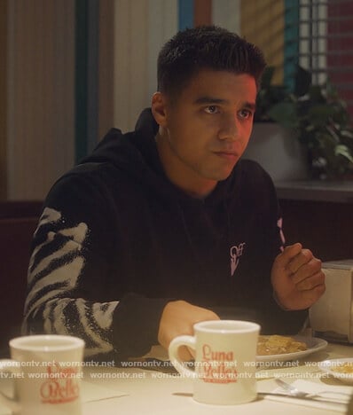Vivek’s black off-white logo hoodie on Grown-ish